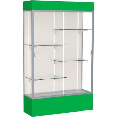 WADDELL DISPLAY CASE OF GHENT Spirit Lighted Display Case 48"W x 80"H x 16"D Plaque Back Satin Finish Kelly Green Base & Top 3174PB-SN-KG